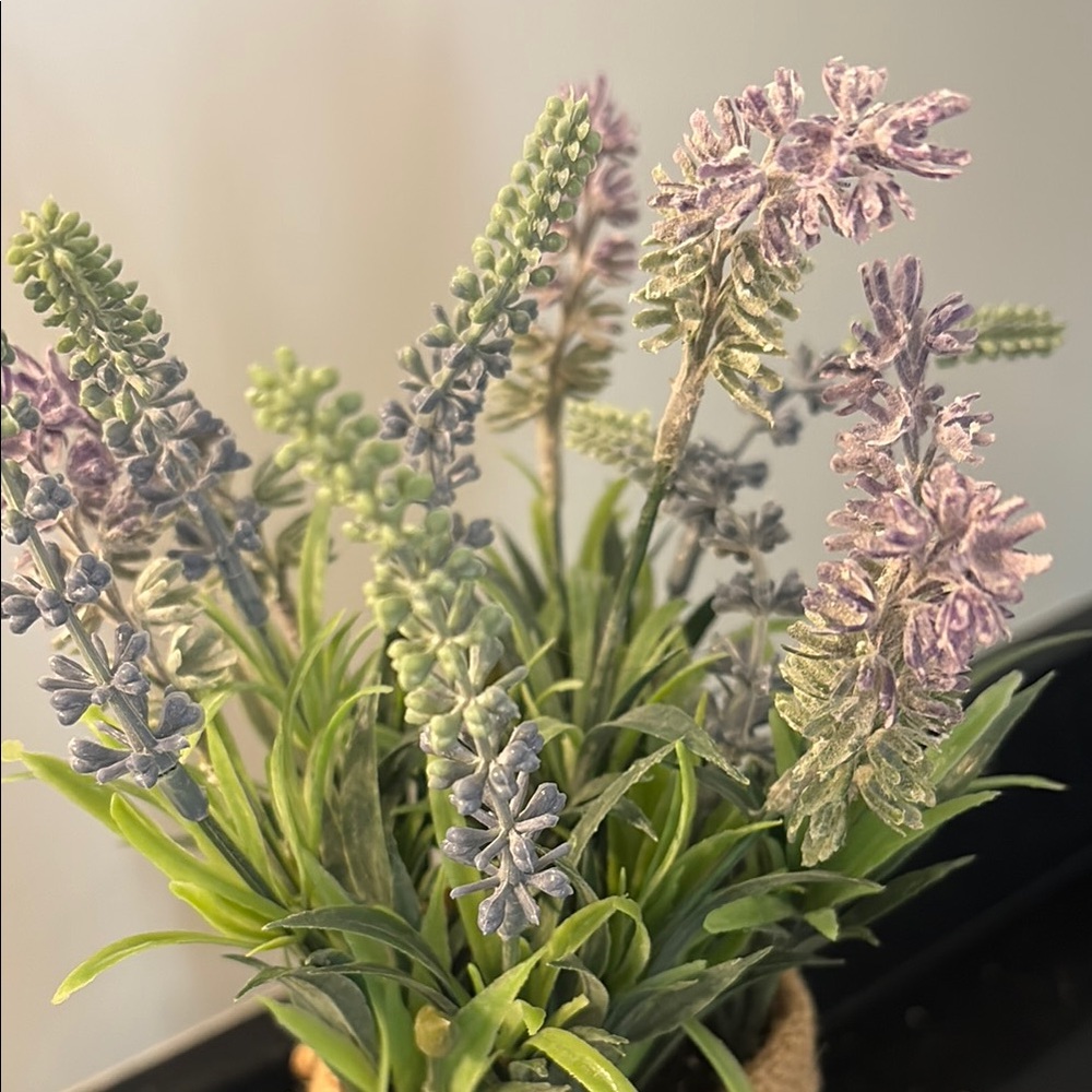 Purple and Green Faux Lavender Floral Greenery Accent in Rustic Burlap Container - Picture 4 of 7
